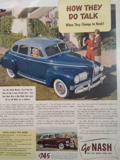 Nash Print Ad Original Vintage 1940s Blue Sedan Pretty Girls