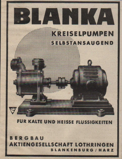 BLANKENBURG, Werbung / Katalog 1940, Tiefpump Bergbau AG BLANKA Kreiselpumpen