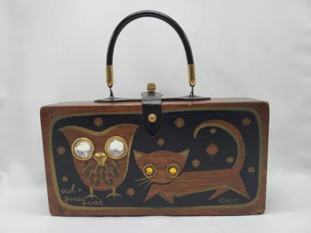 Enid Collins Owl + Pussy Cat Purse Wood Box Vintage Collins Of Texas Jeweled '65