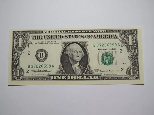 $1 1999 Minor Wet Ink Transfer Error Federal Reserve Bank Note Bill UNC+