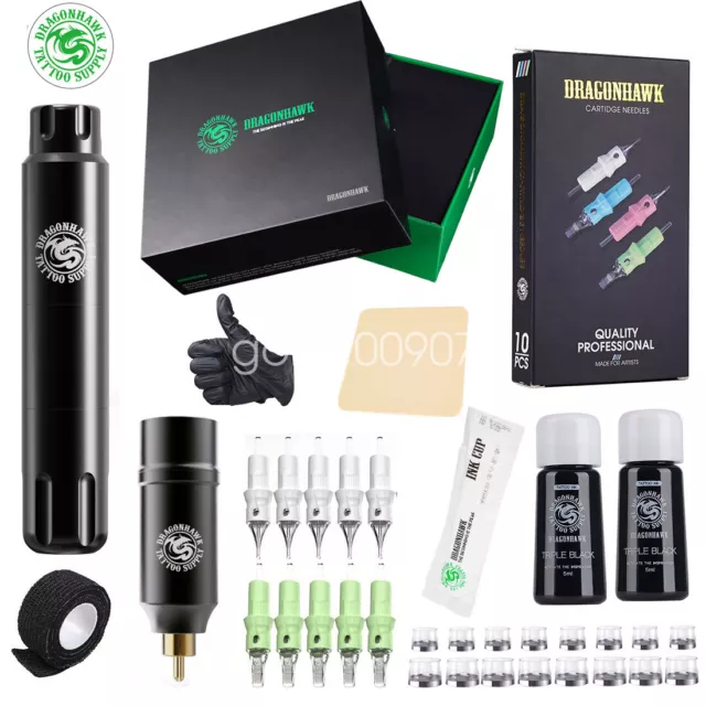 Dragonhawk Tattoo Set Kit Wireless Power Supply Motor Pen Ink Cartridge Needles