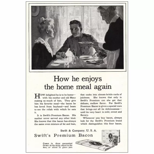 1918 Swifts Premium Bacon: How He Enjoys the Home Meal Again Vintage Print Ad