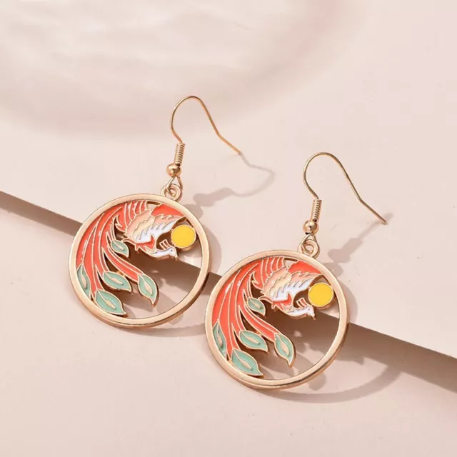 Japanese Style Hou-ho Phoenix Design Enamel Gold Tone Drop Dangly Hook Earrings