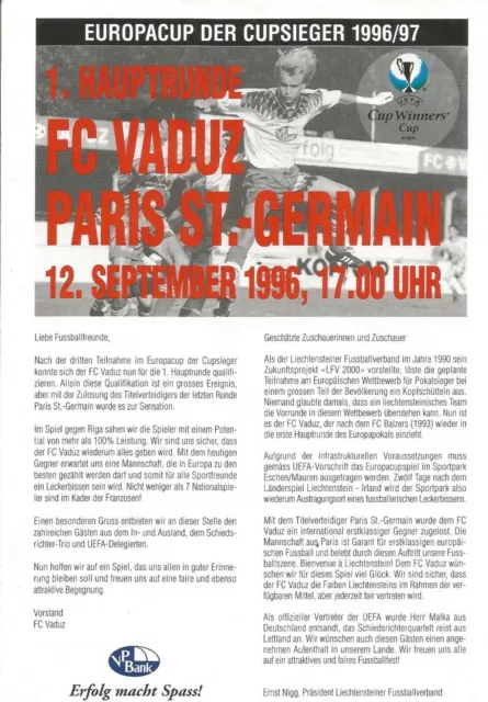 1996/97      FC VADUZ v PARIS ST.GERMAIN     European Cup Winners Cup