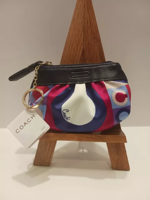 Coach Resort Op Art Sateen/Leather Mini Skinny Coin Purse Keychain Wallet New...