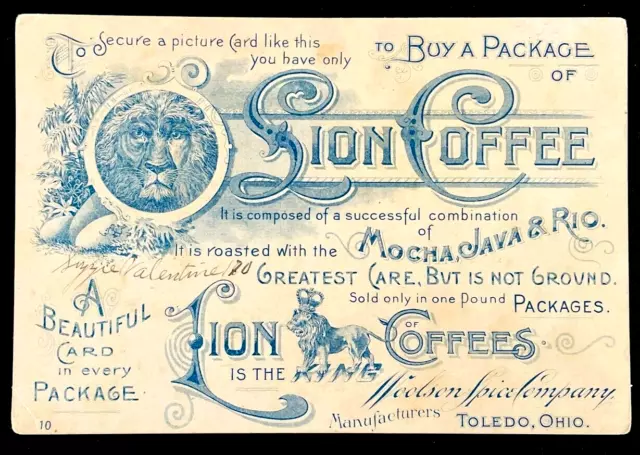 1891 Antique EASTER Card Victorian Trading Advertising Woolson Spice Lion Coffee