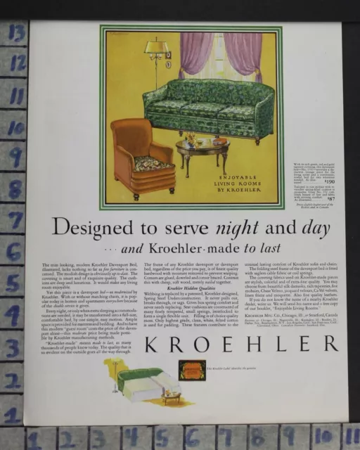 1929 Kroehler Davenport Bed Sofa Suite Chair Home Decor Vintage Art Ad Cr13