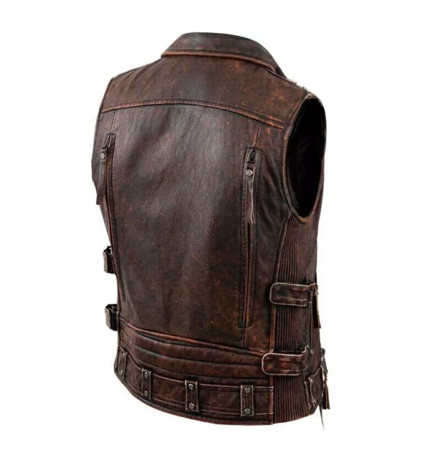 Men's Vintage Brown Motorcycle Vest Men Genuine Cowhide Riding Sleeveless Jacket 3