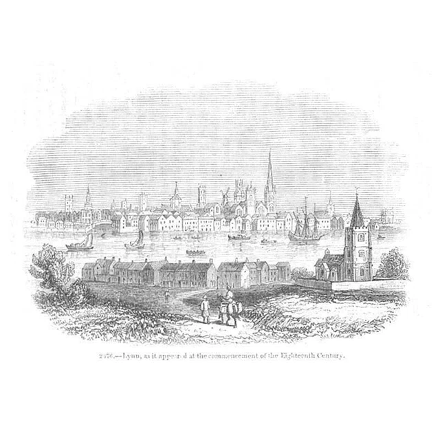 KINGS LYNN Norfolk View of the Town - Antique Print 1845