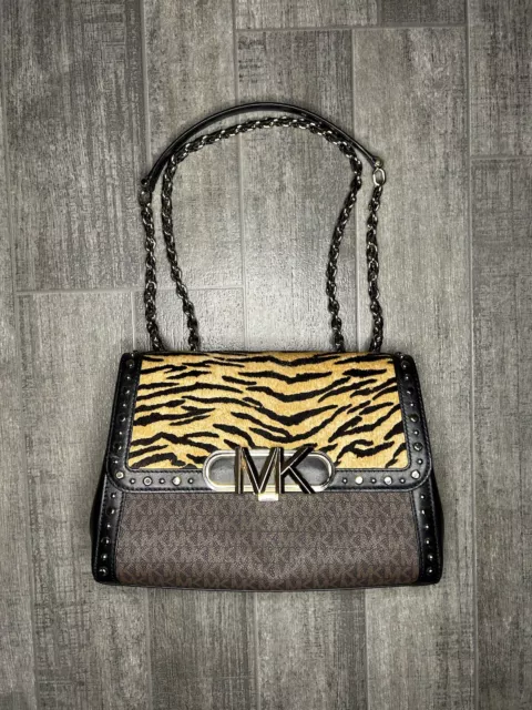 Michael Kors Parker XL Studded Tiger Print Calf Hair And Logo Shoulder Bag