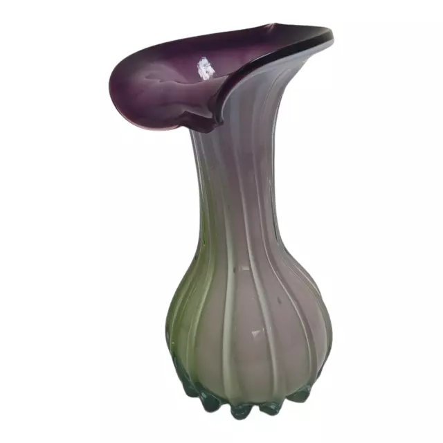 Vintage Jack In The Pulpit Blown Green Purple Art Glass Bud Vase