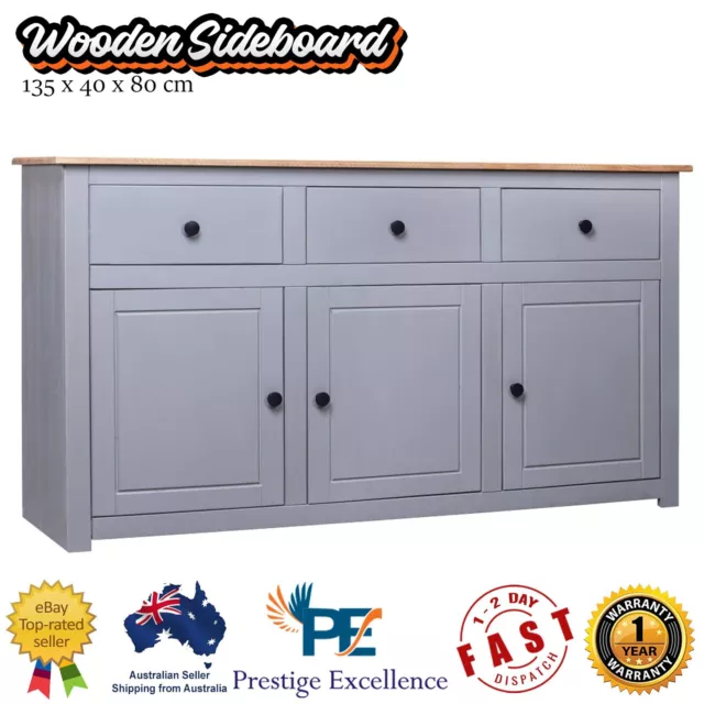 3-Drawers Wooden Sideboard Cabinet Side Storage Organiser with 3 Doors Pine Wood