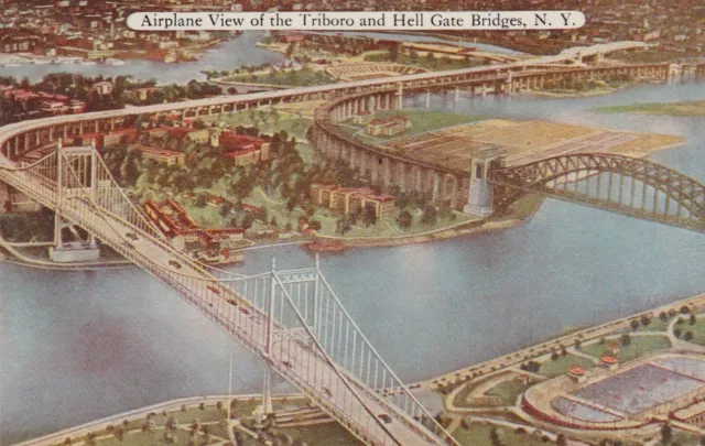 Airplane View Triboro & Hells Gate Bridges New York City NY Postcard 1950's