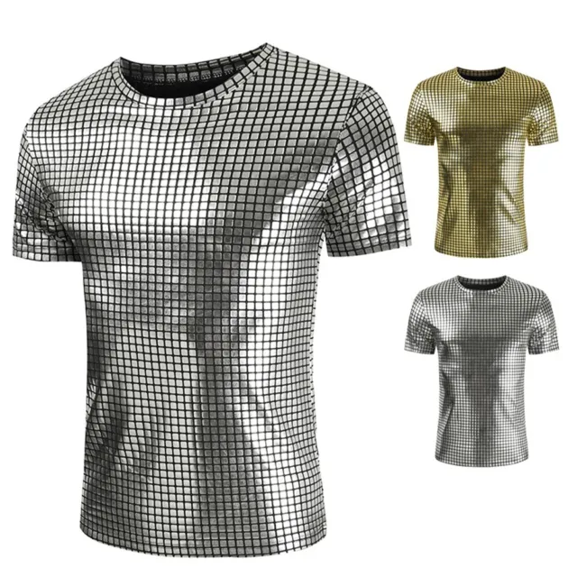 T-shirt à paillettes homme style chatoyant costume disco manches courtes haut d