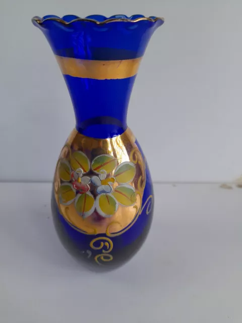 Bohemian glass vase embossed cobalt blue gilded