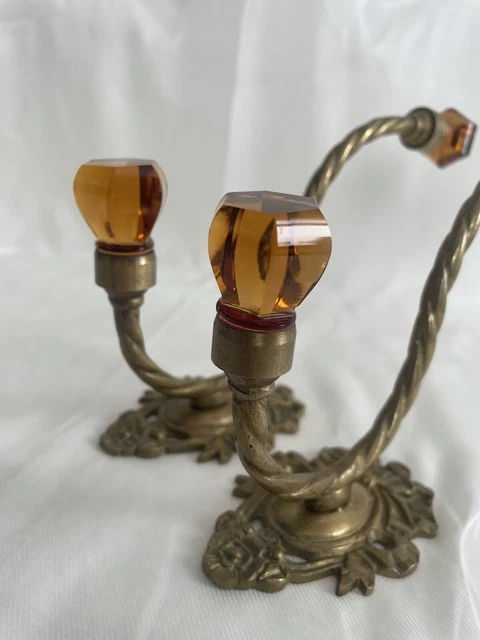 Pair 2 Antique Victorian Ornate Amber Glass Brass Hook Coat Hanger Wall Hardware 3
