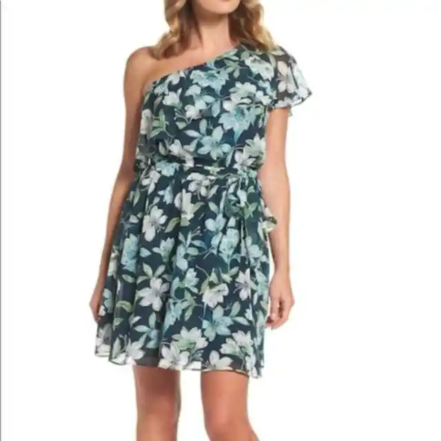 Eliza J Womens size 10 P Tropical Floral Print Ruffle One Shoulder Mini Dress