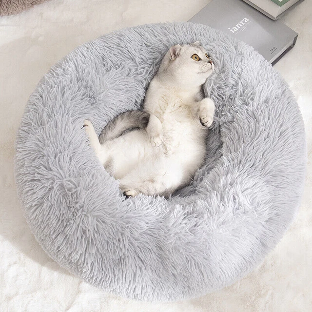 Dog Bed Donut Soft Round Plush Cat Beds Light Grey For Calming Pet Washable 70Cm