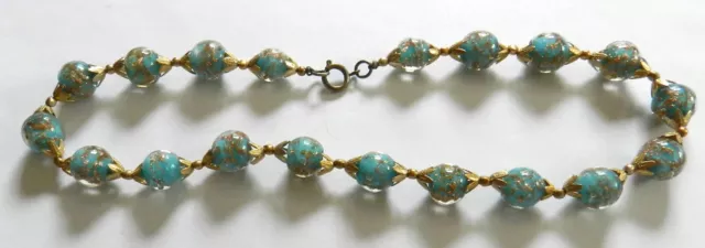 Vintage Venetian Murano Turquoise Gold Foil Glass Bead Necklace- 16"