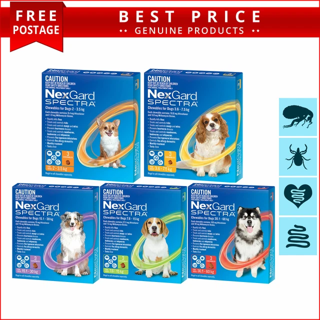 NEXGARD SPECTRA for All Sizes Dogs Flea Heartworm Tick and Worm Control 3 Doses