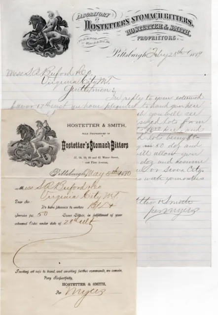 2 Hostetter's Stomach Bitters letterheads, Pittsburgh, Pennsylvania, 1879-80