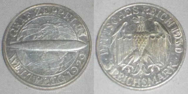 1930G Silver Coin Germany Weimar Republic 3 Reichsmark Graff Zeppelin World Flgt