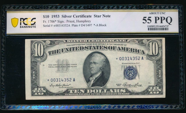 AC Fr 1706* 1953 $10 Silver Certificate *star* PCGS 55 PPQ