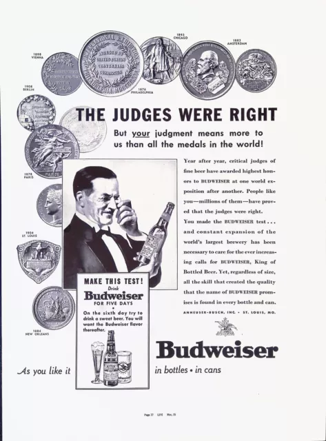 Vintage Print Ad 1937 Budweiser King of Bottled Awards Beer St. Lois Missouri