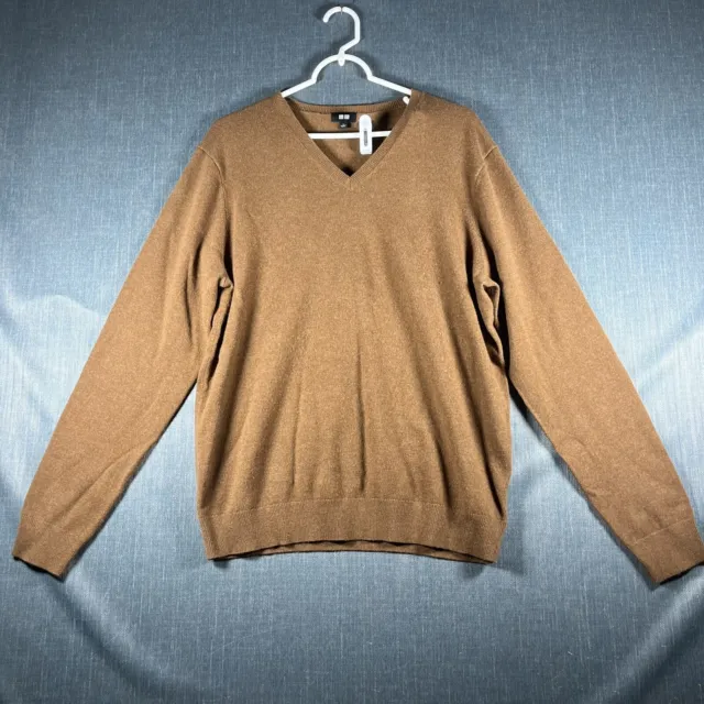 Uniqlo Mens Sweater Brown Knitted Long Sleeve Pullover V Neck Size L