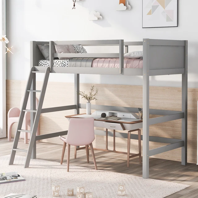 Merax Solid Wood Twin Size Loft Bed Frame with Guardrails and Ladder