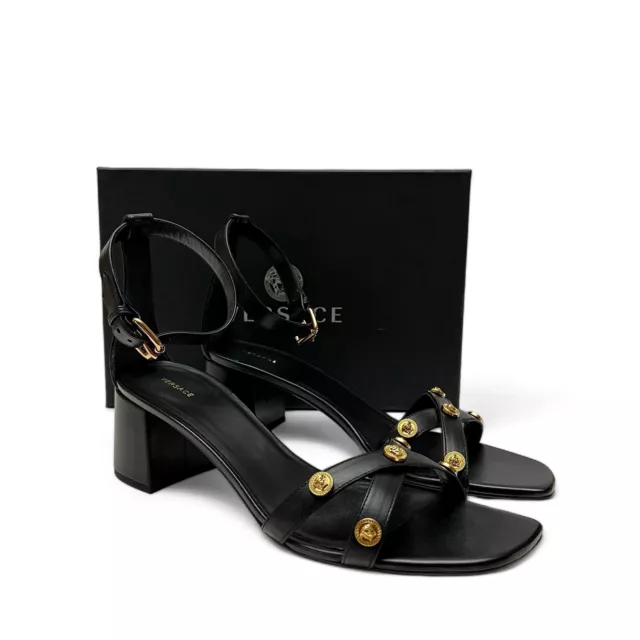 VERSACE Medusa Studded Black Leather Ankle Strap Block Heel Sandals 41 US 11 NEW