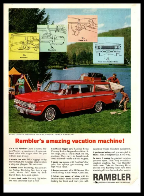 1962 AMC Rambler Cross Country Station Wagon Campsite Tent Fishing Boat Print Ad