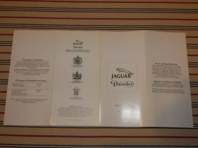 JAGUAR DAIMLER UK Price List brochure May 1991 XJ6/Sovereign/Double 6/XJS