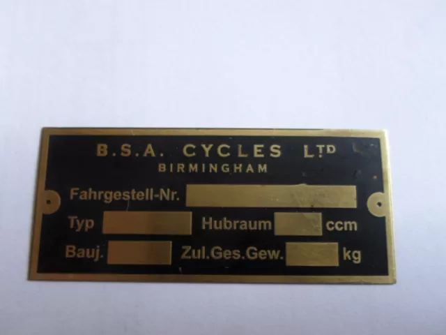Typenschild BSA B.S.A. Messing Schild data plate ID S74 Motorrad
