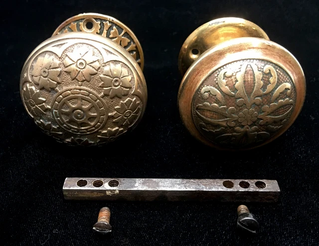 Pair of Antique 1889 Vintage Victorian brass or bronze Ornate Door Knobs salvage