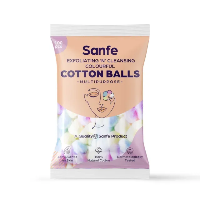 Sanfe Exfoliating & Cleansing Face Cotton Balls for Women Pack of 100 multicolor