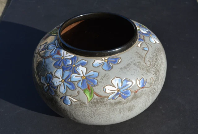 Vase boule art déco céramique signé Montières Amiens fleur rose émaillée 1930
