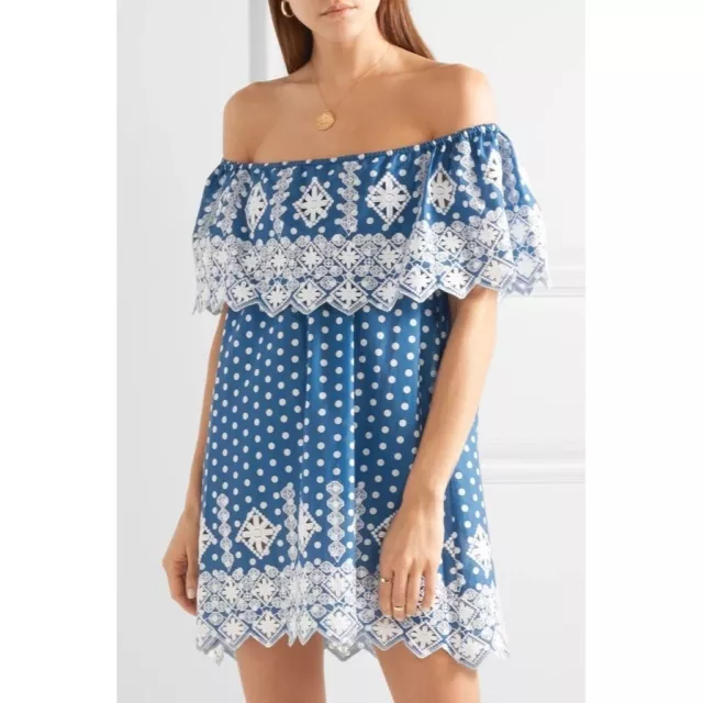 Miguelina New NWT Crochet Embroidered Blue Off Shoulder Mini Dress Small