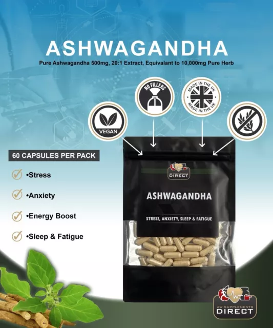 Ashwaganda 500mg, 60 Capsules, No Fillers Or Binders