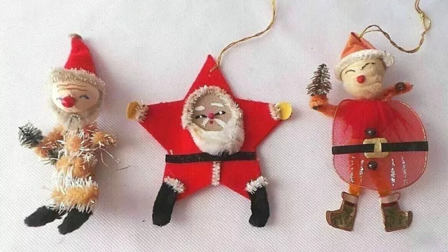 1950s Santa Christmas Ornaments w/Spun Cotton, Chenille, Mercury Glass Beads