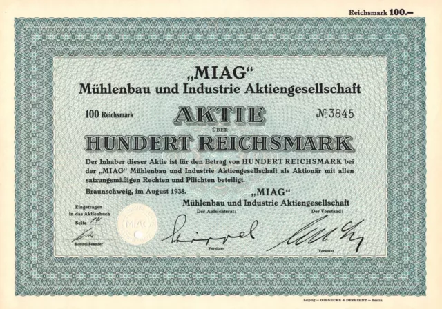 MIAG Mühlenbau und Industrie Aktiengesellschaft - Braunschweig - 1938 - 100 RM -