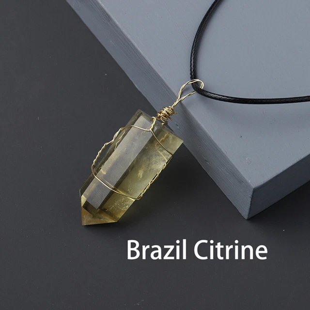 Natural Gemstone Hexagonal Point Pendant Wire Wrap Healing Quartz Necklace