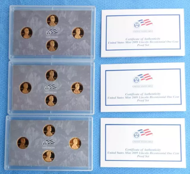 3 2009 Lincoln Bicentennial One Cent Proof Sets with Box & COA, 12 Proof Coins