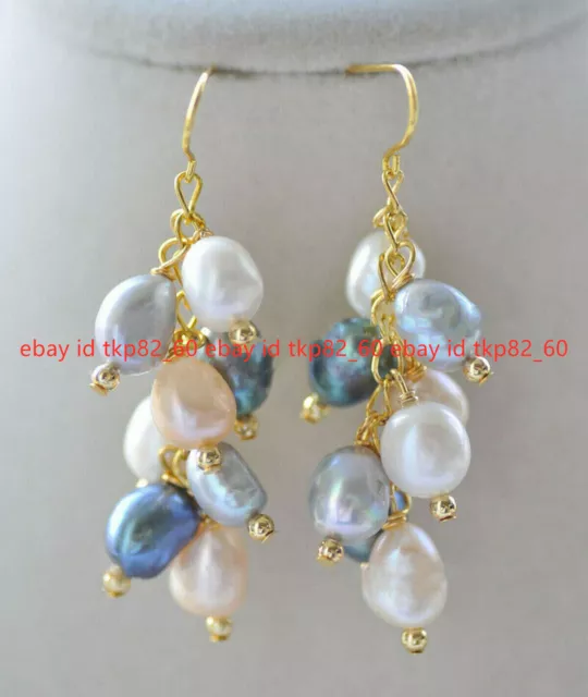 Handmade 7-9mm Multi-Color Natural Baroque Pearl Grape Dangle Gold Hook Earrings