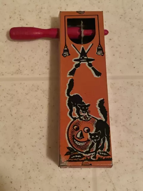 Vintage 40's/50's Halloween Tin Ratchet Noisemaker Kirchhof Black Cats Pumpkin O