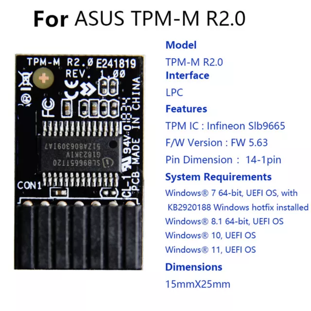 Durable TPM 2.0 Module 14-1 Pin Trusted Platform Module LPC For ASUS TPM-M R2.0