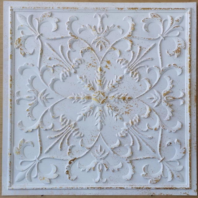 Faux Tin PVC Ceiling Tile / Wall Tile 2'x2' PL70 Crack white gold  Glue-up