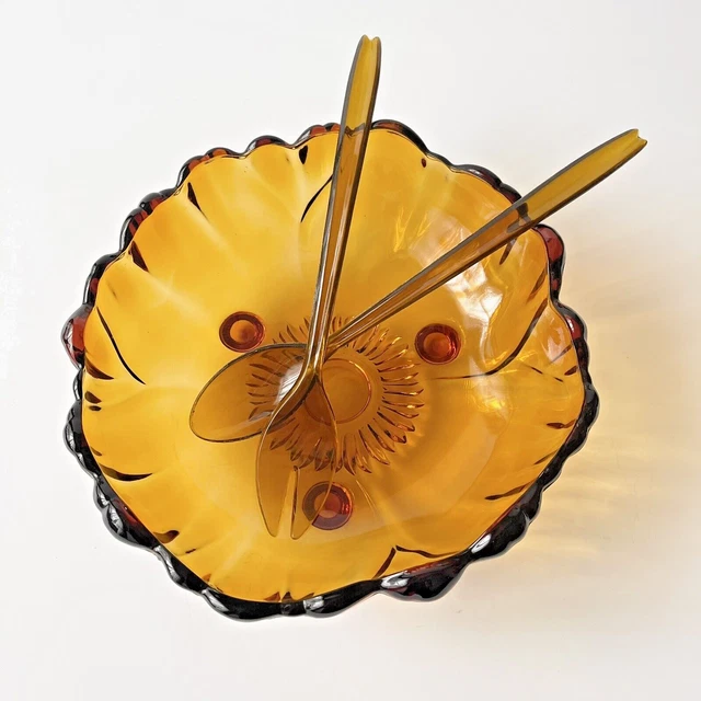 Indiana Glass Bowl Amber Sunflower Footed Salad Serving Set Vintage with Servers
