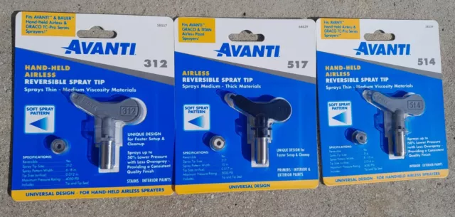 AVANTI 3 Reversible Spray Tips Airless GRACO TITAN BAUER: 312, 514, 517 NEW
