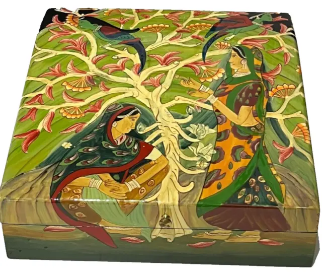 Preowned Stunning Ramachandran Inspired Painted Writing Box Felt Lined Hinge Lid